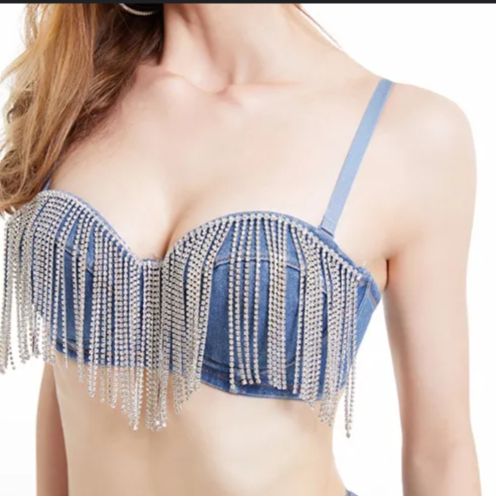 LYDIA USA Denim and Rhinestone Fringe Bra